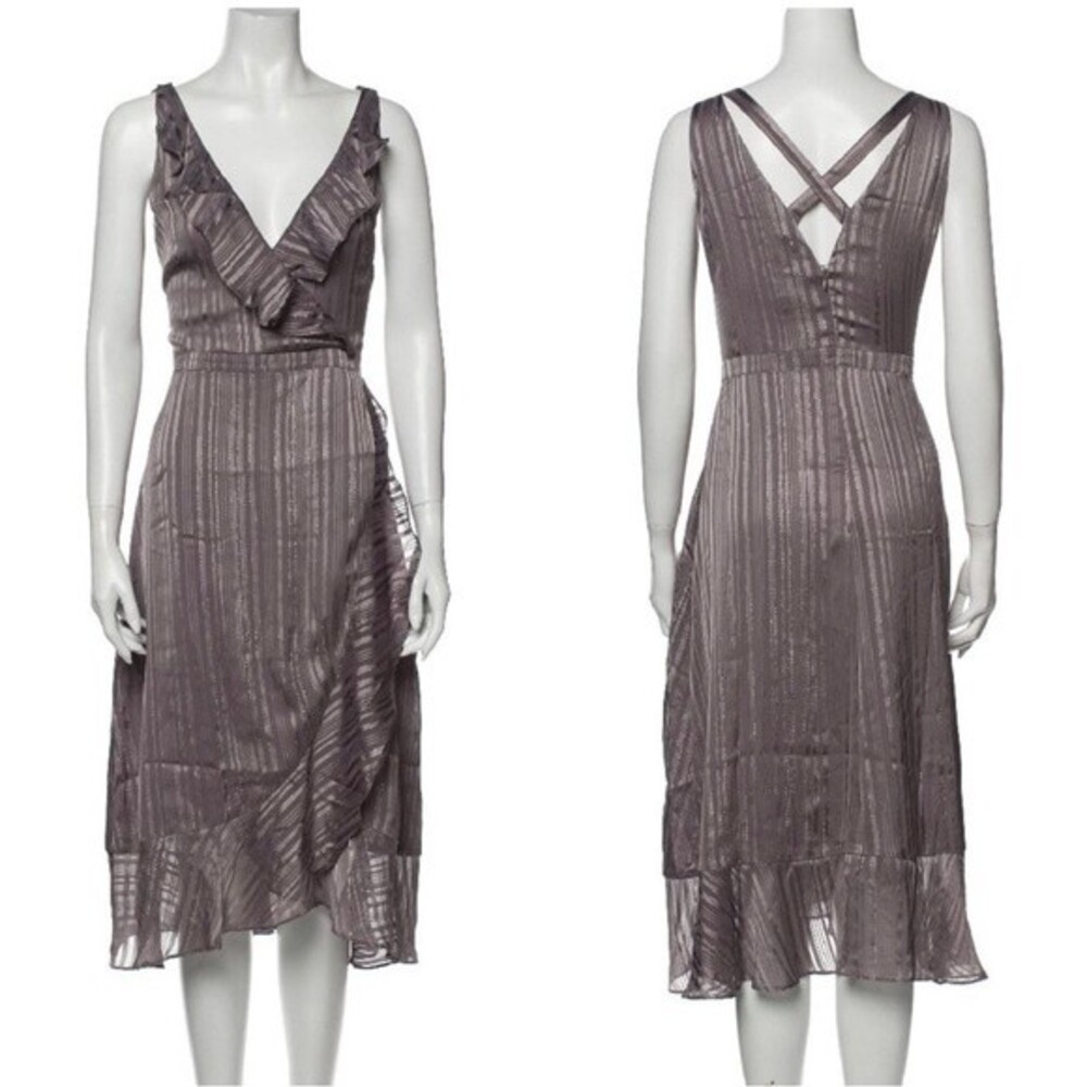 AVEC LES FILLES Striped Metallic Ruffle Hem Dress S Purple French Girl Faux Wrap